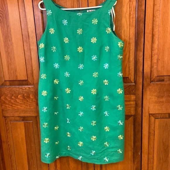 R&K Originals Petite Green Sleeveless Linen Blend Shift Dress Floral 16P EUC